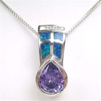 Silver Pendant with Inlay Created Opal, White and Tanzanite CZ