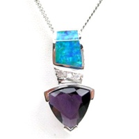 Silver Pendant w/ Inlay Created Opal and Amethyst CZ