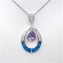 Silver Pendant with Created Opal, White & Tanzanite CZ