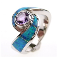 Silver Ring with Inlay Created Opal and Amethyst CZ