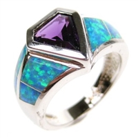 Silver Ring with Inlay Created Opal and Amethyst CZ