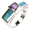 Silver Ring with Inlay Created Opal and Amethyst CZ