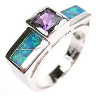 Silver Ring with Inlay Created Opal and Amethyst CZ