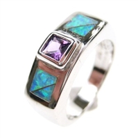 Silver Ring with Inlay Created Opal and Amethyst CZ