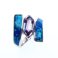 Silver Ring with Inlay Created Opal, Tanzanite CZ