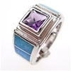 Silver Ring w/ Inlay Created Opal & Amethyst CZ
