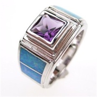 Silver Ring w/ Inlay Created Opal & Amethyst CZ
