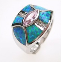Silver Ring w/ Inlay Created Opal & White & Pink CZ