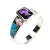 Silver Ring with Inlay Created Opal, White and Amethyst CZ