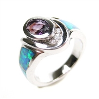 Silver Ring with Inlay Created Opal, White and Amethyst CZ