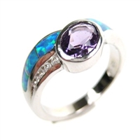 Silver Ring with Inlay Created Opal, White and Amethyst CZ