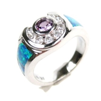 Silver Ring with Inlay Created Opal, White and Amethyst CZ