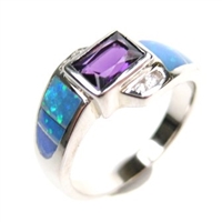 Silver Ring with Inlay Created Opal, White and Amethyst CZ