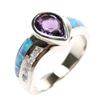 Silver Ring with Inlay Created Opal, White and Amethyst CZ