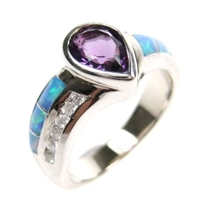 Silver Ring with Inlay Created Opal, White and Amethyst CZ