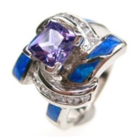 Silver Ring w/ Inlay Created Opal, White & Tanzanite CZ
