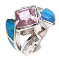 Silver Ring w/ Inlay Created Opal, White & Pink CZ