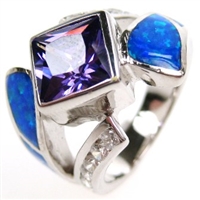 Silver Ring with Inlay Created Opal, White and Tanzanite CZ