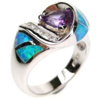 Silver Ring (Rhodium Plated) w/ Inlay Created Opal, White & Amethyst CZ