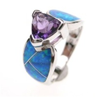 Silver Ring w/ Inlay Created Opal, White & Amethyst CZ