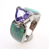 Silver Ring w/ Inlay Created Opal, White & Tanzanite CZ