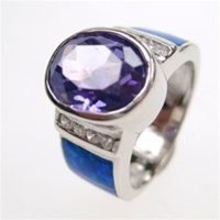 Silver Ring w/ Inlay Created Opal & White & Tanzanite CZ