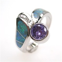 Silver Ring w/ Inlay Created Opal, White & Tanzanite CZ