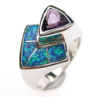 Silver Ring with Inlay Created Opal and Amethyst CZ