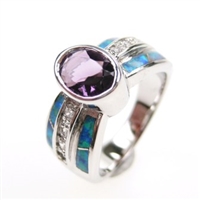 Silver Ring with Inlay Created Opal, White and Amethyst CZ
