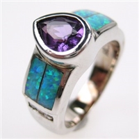 Silver Ring with Inlay Created Opal and Amethyst CZ