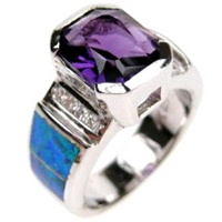 Silver Ring (Rhodium Plated) w/ Inlay Created Opal, White & Amethyst CZ