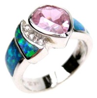 Silver Ring (Rhodium Plated) w/ Inlay Created Opal, White & Pink CZ