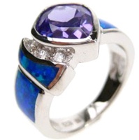 Silver Ring (Rhodium Plated) w/ Inlay Created Opal, White & Tanzanite CZ