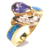 Silver Ring (Gold Plated) with Inlay Created Opal, White & Tanzanite CZ