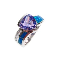 Silver Ring with Inlay Created Opal, Tanzanite CZ
