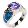 Silver Ring (Rhodium Plated) w/ Inlay Created Opal, White & Tanzanite CZ