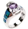Silver Ring (Rhodium Plated) w/ Inlay Created Opal, White & Amethyst CZ