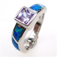 Silver Ring with Inlay Created Opal and Tanzanite CZ