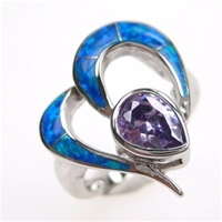 Silver Ring w/ Inlay Created Opal & Tanzanite CZ