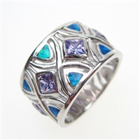Silver Ring with Inlay Created Opal and Tanzanite CZ