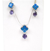 Silver Earring and Pendant Set (Rhodium Plated) W/ Inlay Created Opal and Tanzanite CZ
