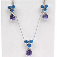 Silver Earrings and Pendant Set (Rhodium Plated) w/ Inlay Created Opal & Tanzanite CZ
