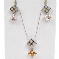 Silver Earrings and Pendant Set (Rhodium Plated) w/ Inlay Created Opal & Champagne CZ